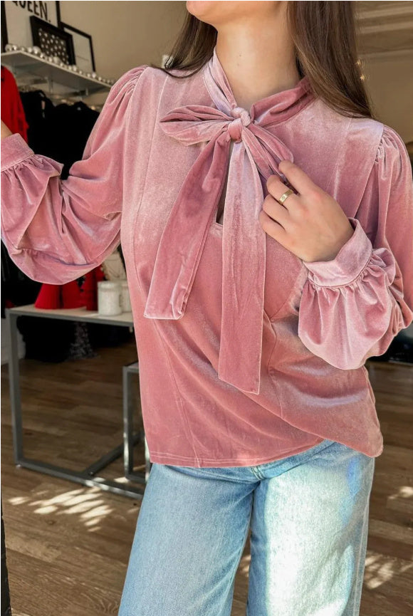 Fushia Solid Color Velvet Ribbon Bow Knot Long Sleeve Blouse