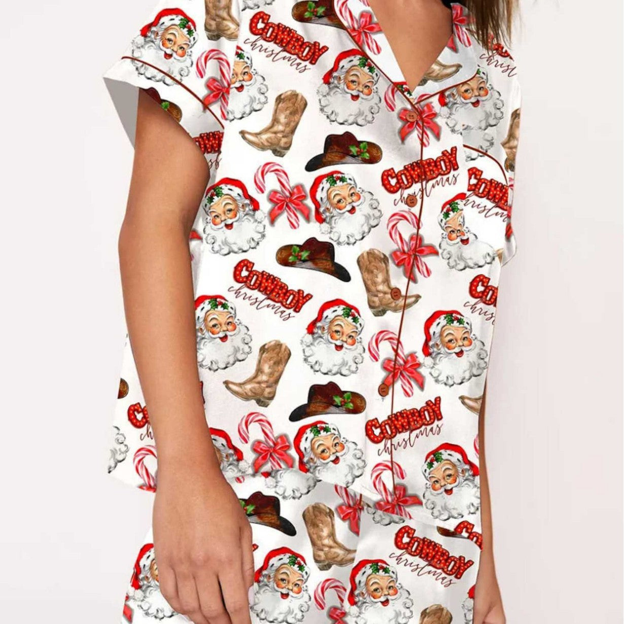 Autumn Christmas Digital Printing Lapel Short Casual Women Top Front View