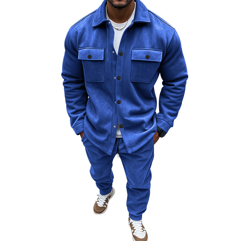 Men's Suede Solid Color Single-breasted Tooling Cardigan Two-piece Set