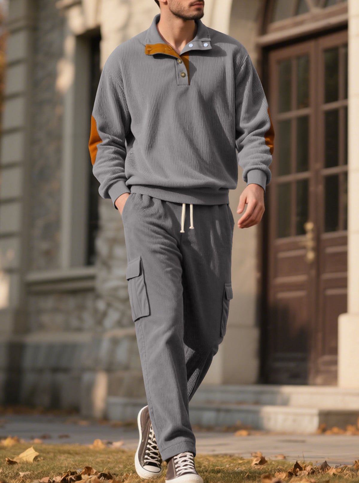 Corduroy Sweatshirt And Sweatpants Stand Collar Access Front View