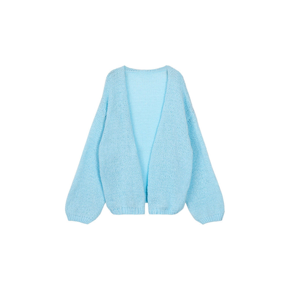 Blue Lantern Sleeve Knitted Cardigan For Women Autumn And Winter