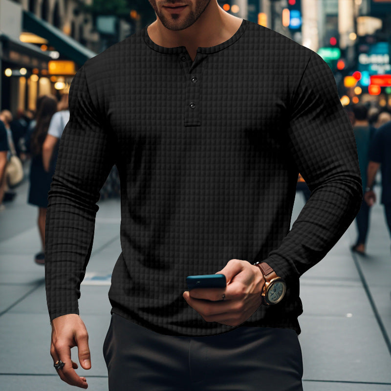 Men’s Jacquard Small Check Casual Sport Long Sleeve Shirt