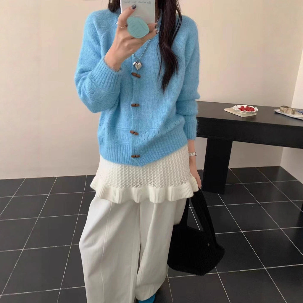 Atmosphere Horn Button Solid Color Soft Glutinous Knitted Cardigan