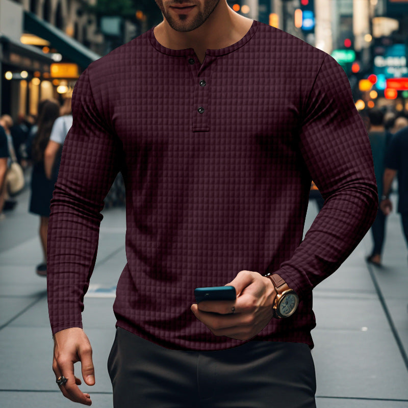 Men’s Jacquard Small Check Casual Sport Long Sleeve Shirt