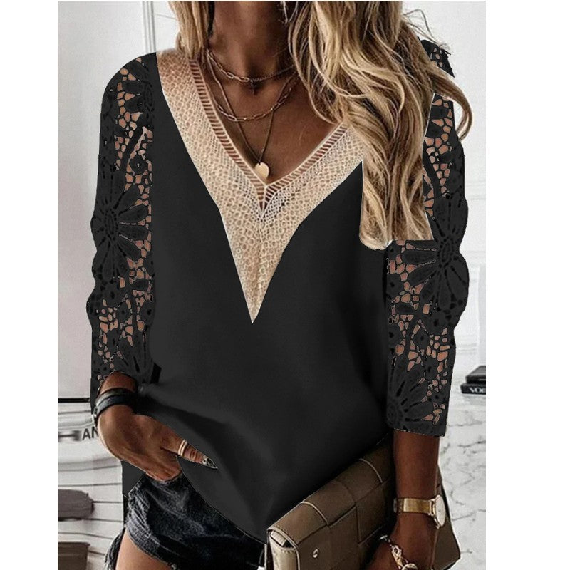 Commuter Nine-quarter Sleeve V-neck Stitching Hollow Lace Chiffon Shirt Pullover