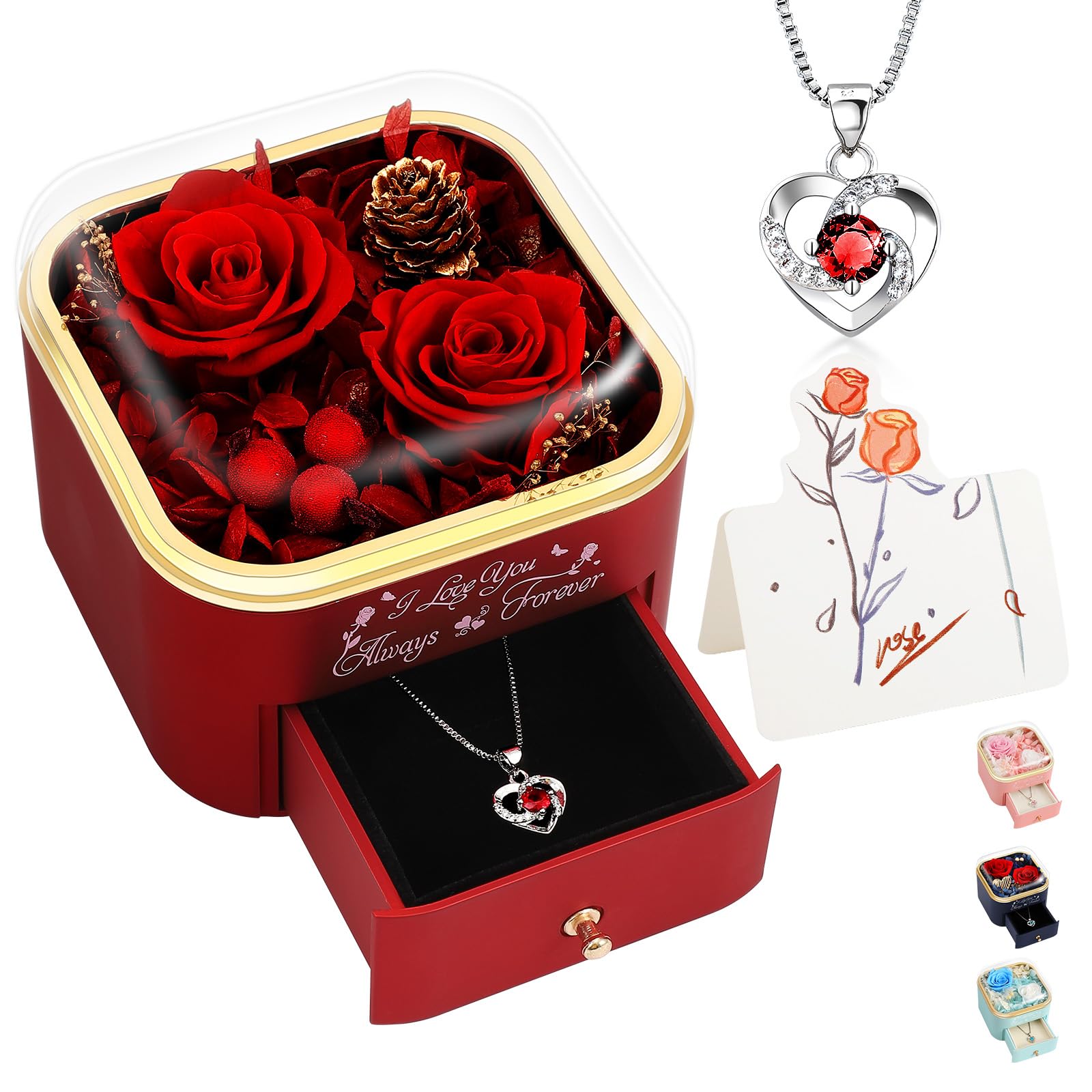 minstely Preserved Roses Jewelry Box with Heart Necklace - Eternal Rose & ‘I Love You Always & Forever’ Engraving - Luxury Gift for Mom, Wife, or Grandma on Mother’s Day