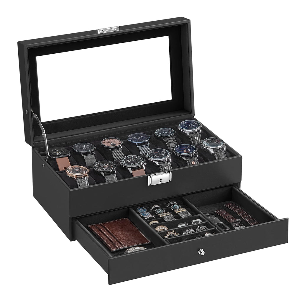 SONGMICS Watch Box, 12-Slot Watch Case Organizer with Large Glass Lid, 2 Layers, Removable Pillows, Metal Lock, Gift for Loved Ones, Black Synthetic Leather, Black Lining UJWB012B03