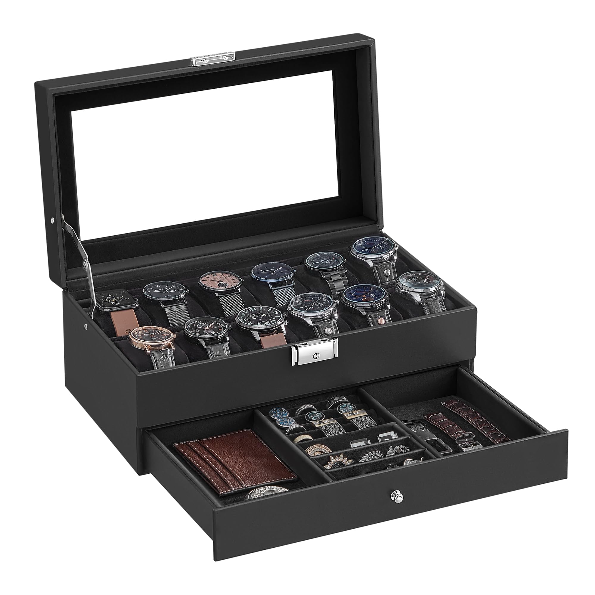 SONGMICS Watch Box, 12-Slot Watch Case Organizer with Large Glass Lid, 2 Layers, Removable Pillows, Metal Lock, Gift for Loved Ones, Black Synthetic Leather, Black Lining UJWB012B03