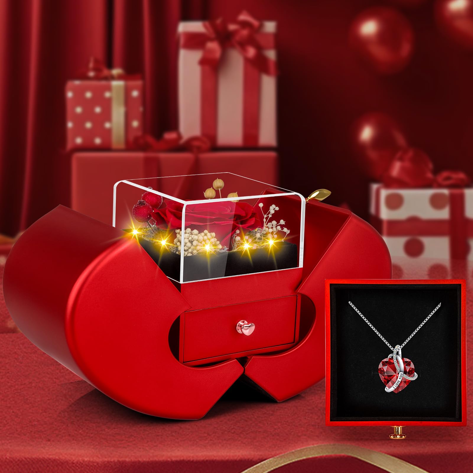 ﻿Preserved Real Red Rose Birthday Gifts for Women Her Mom Wife Girlfriend Grandma with l Love You Necklace Eternal Forever Rose Flower on Anniversary Valentine's Day Mothers Day Christmas Romantic-Red