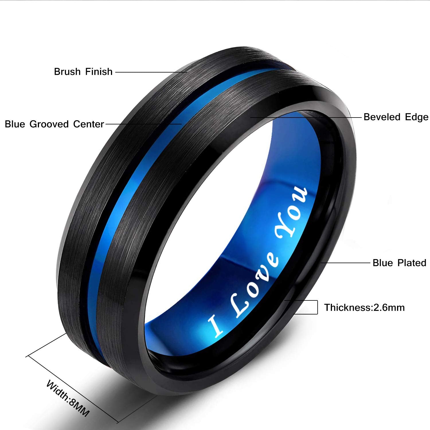 Greenpod 8mm Mens Black Tungsten Ring with Thin Blue Groove Beveled Edge Engraved I Love You Comfort Fit Size 10
