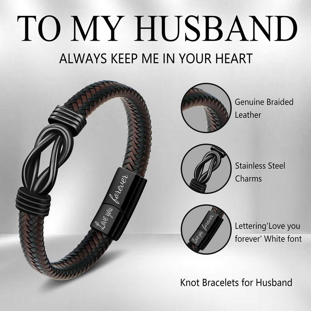 JoycuFF Anniversary Birthday Gifts for Husband Him Men from Wife, Christmas Valentines Fathers Day Ideas Gifts for Him Husband Leather Knot Bracelets for Men