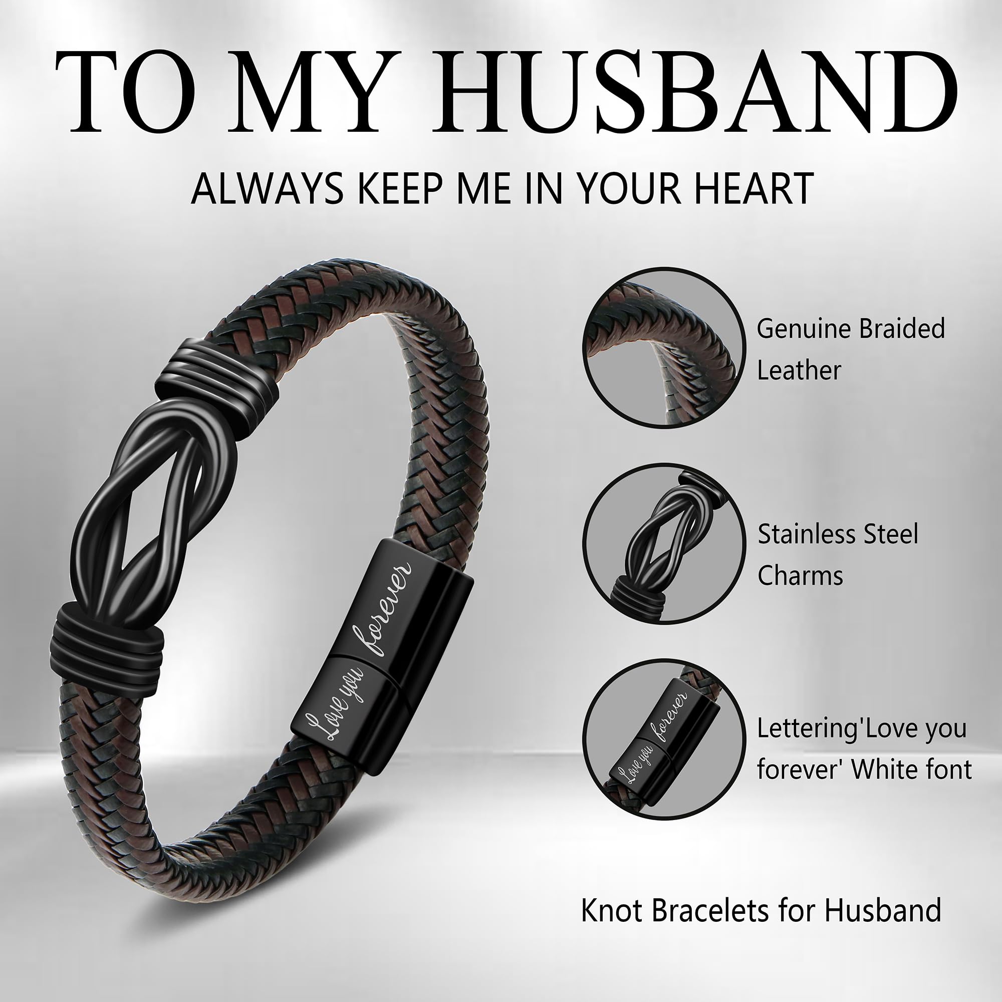 JoycuFF Anniversary Birthday Gifts for Husband Him Men from Wife, Christmas Valentines Fathers Day Ideas Gifts for Him Husband Leather Knot Bracelets for Men