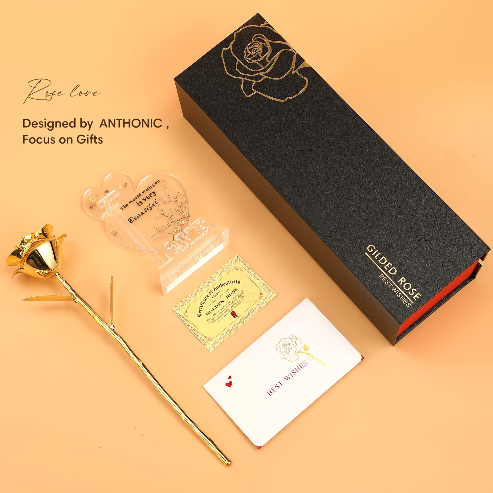 Anthonic Gold Dipped Rose Real 24K Gold Rose, Genuine One of a Kind Rose Hand Dipped in 24K Golden Roses Romantic Gifts for Women in Her Birthday Anniversary Day Mothers Day