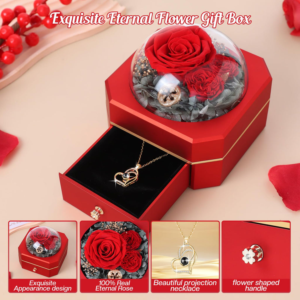 Firestyle Preserved Real Rose Gifts for Women Mom Wife,Eternal Flowers Rose with I Love You Necklace in 100 Languages,Gifts for her on Christmas Birthday Anniversary Valentine's Day Mother's Day
