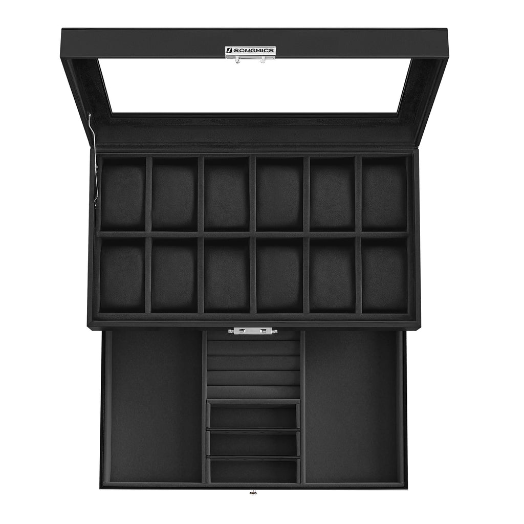 SONGMICS Watch Box, 12-Slot Watch Case Organizer with Large Glass Lid, 2 Layers, Removable Pillows, Metal Lock, Gift for Loved Ones, Black Synthetic Leather, Black Lining UJWB012B03