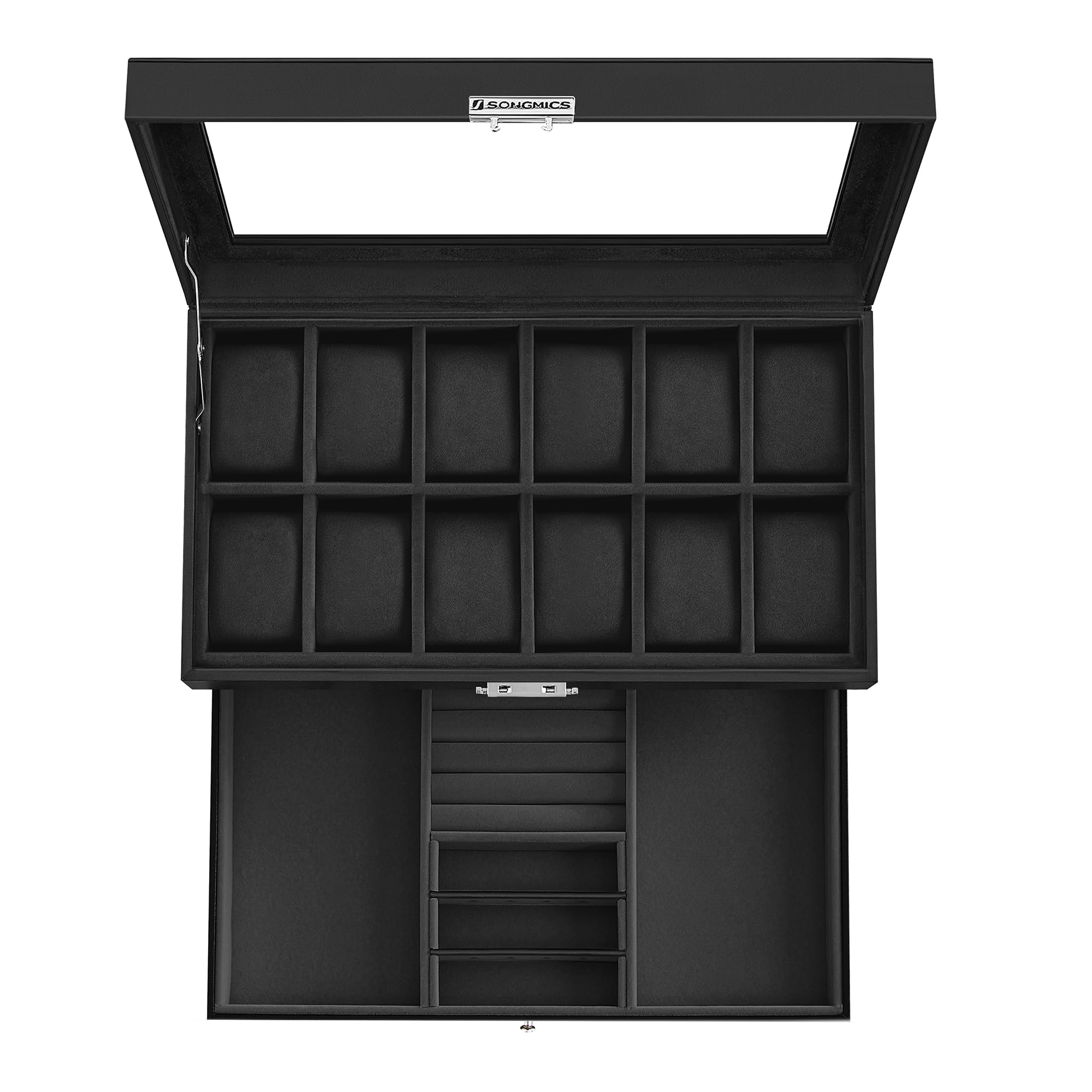 SONGMICS Watch Box, 12-Slot Watch Case Organizer with Large Glass Lid, 2 Layers, Removable Pillows, Metal Lock, Gift for Loved Ones, Black Synthetic Leather, Black Lining UJWB012B03