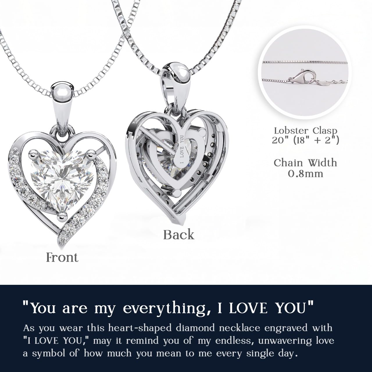 Moissanite Heart Pendant Necklace for Women, 2-Carat Real Sterling Silver Necklace Chain Engraved with 'I Love You' Ideal Anniversary or Christmas Gift for wife,Girlfriend & Mom - Heart Shaped Necklace Perfect Birthday Jewelry Gift