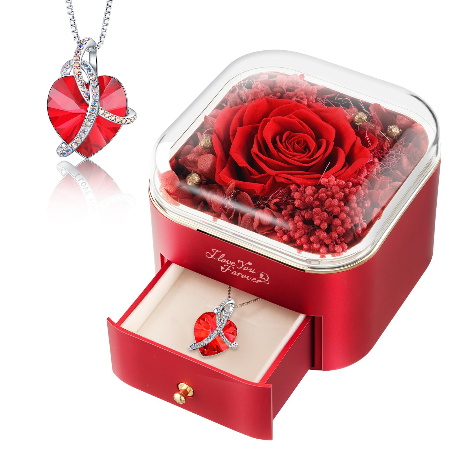 WILDLOVE Preserved Real Red Rose with Heart Necklace, Forever Flowers Gifts for Mom Grandma Wife Girlfriend at Christmas, Valentines, Mothers Day, Anniversary or Birthday Gifts for Women