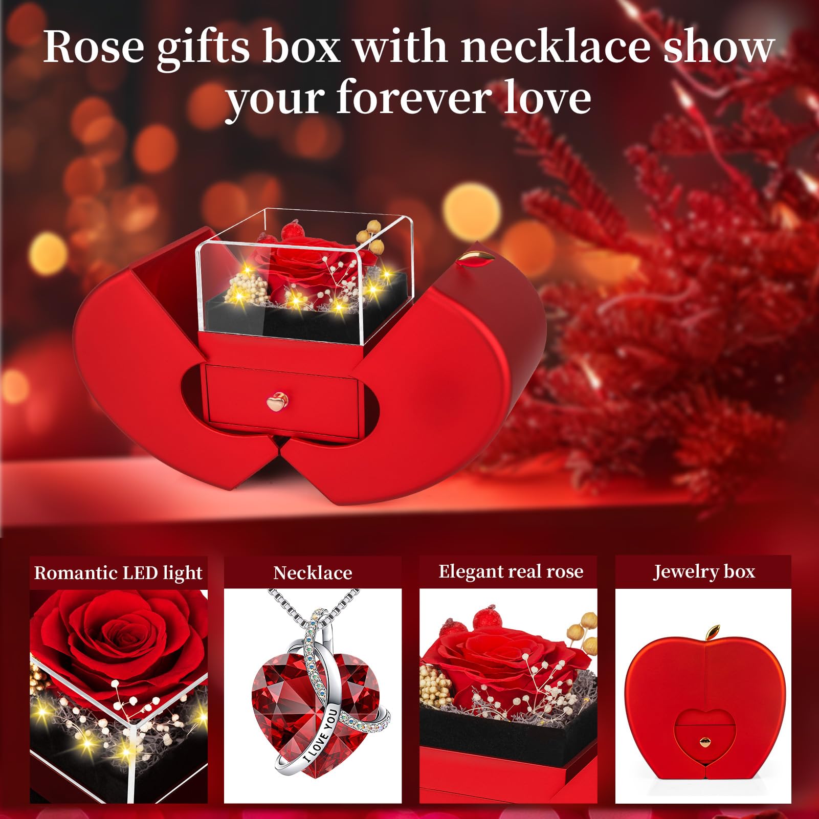 ﻿Preserved Real Red Rose Birthday Gifts for Women Her Mom Wife Girlfriend Grandma with l Love You Necklace Eternal Forever Rose Flower on Anniversary Valentine's Day Mothers Day Christmas Romantic-Red