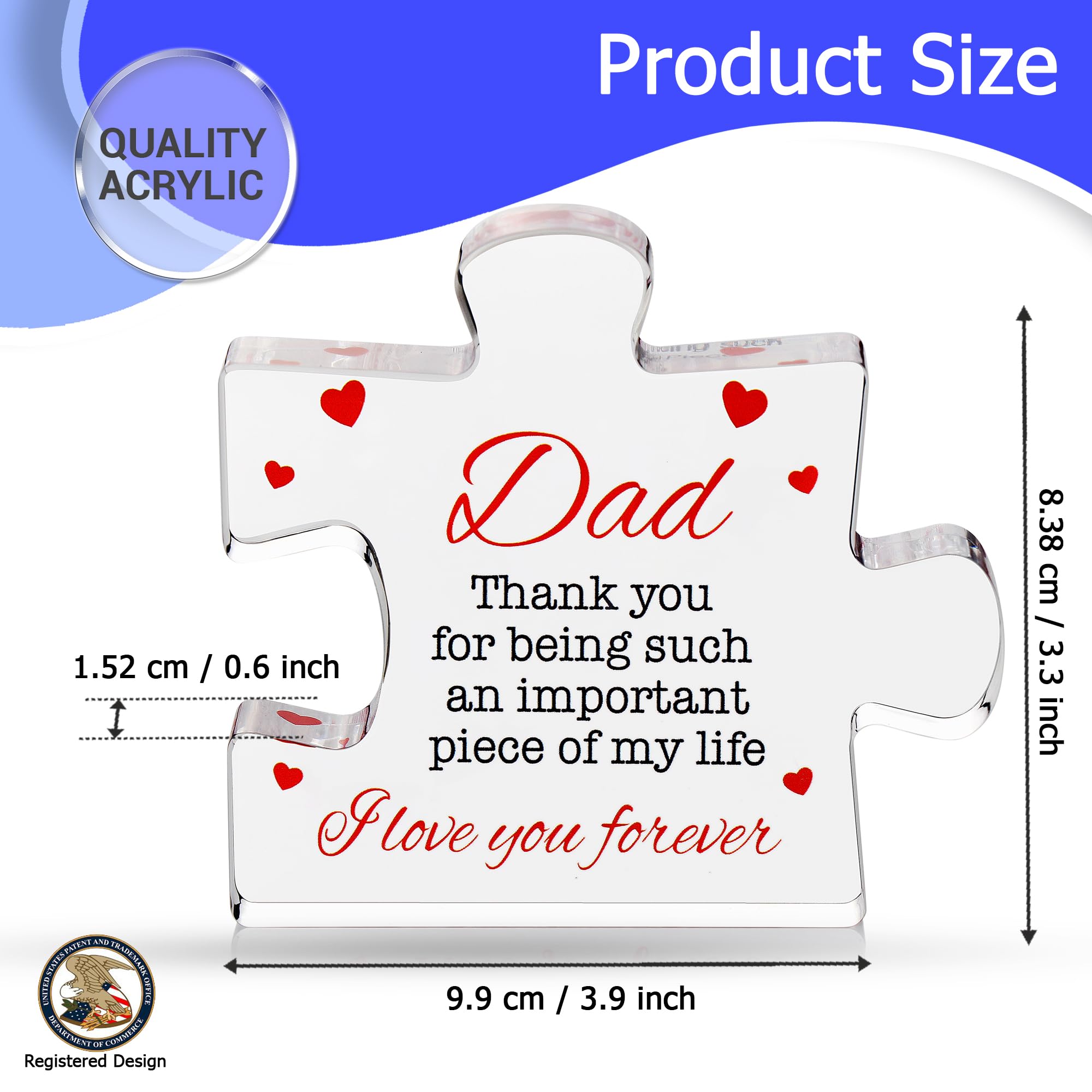 Fathers Day Dad Birthday Gift - Engraved Acrylic Block Puzzle Gifts for Dad 3.35 x 2.76 inch - Cool Father's Day Presents from Daughter, Son, Mom - Heartwarming Men Birthday Gift, Ideas