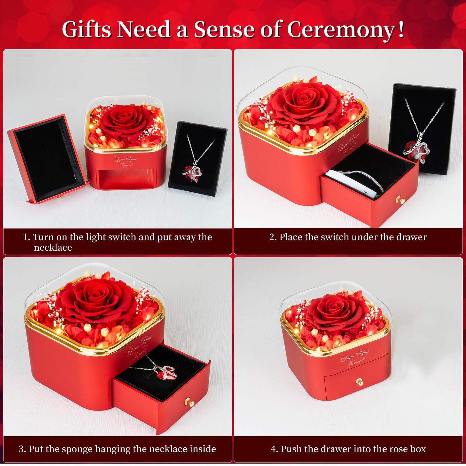 Lebana Preserved Red Real Rose with Heart Necklace -Eternal Flowers Rose Birthday Gifts for Women Wife Mom Girlfriend Grandma Gifts Idea on Christmas Valentines Mothers Day for Her-Red