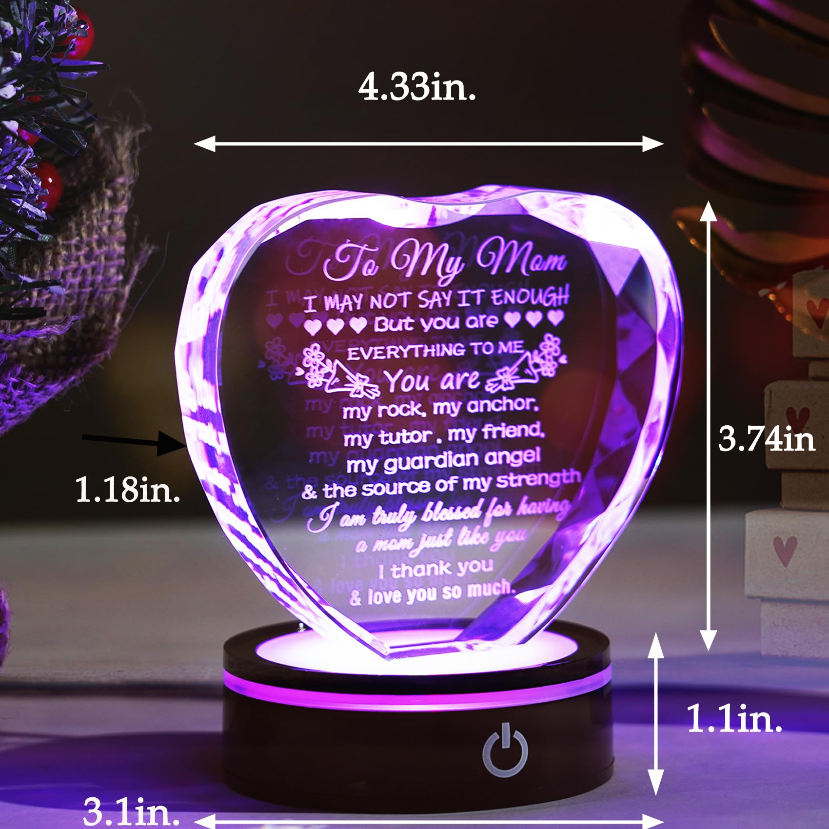 YWHL Gifts for Mom from Daughter Son Moms Mother's Day Birthday Gifts Crystal Unique to My Mom Heart Keepsakes Gift for Mother with Colorful LED Base