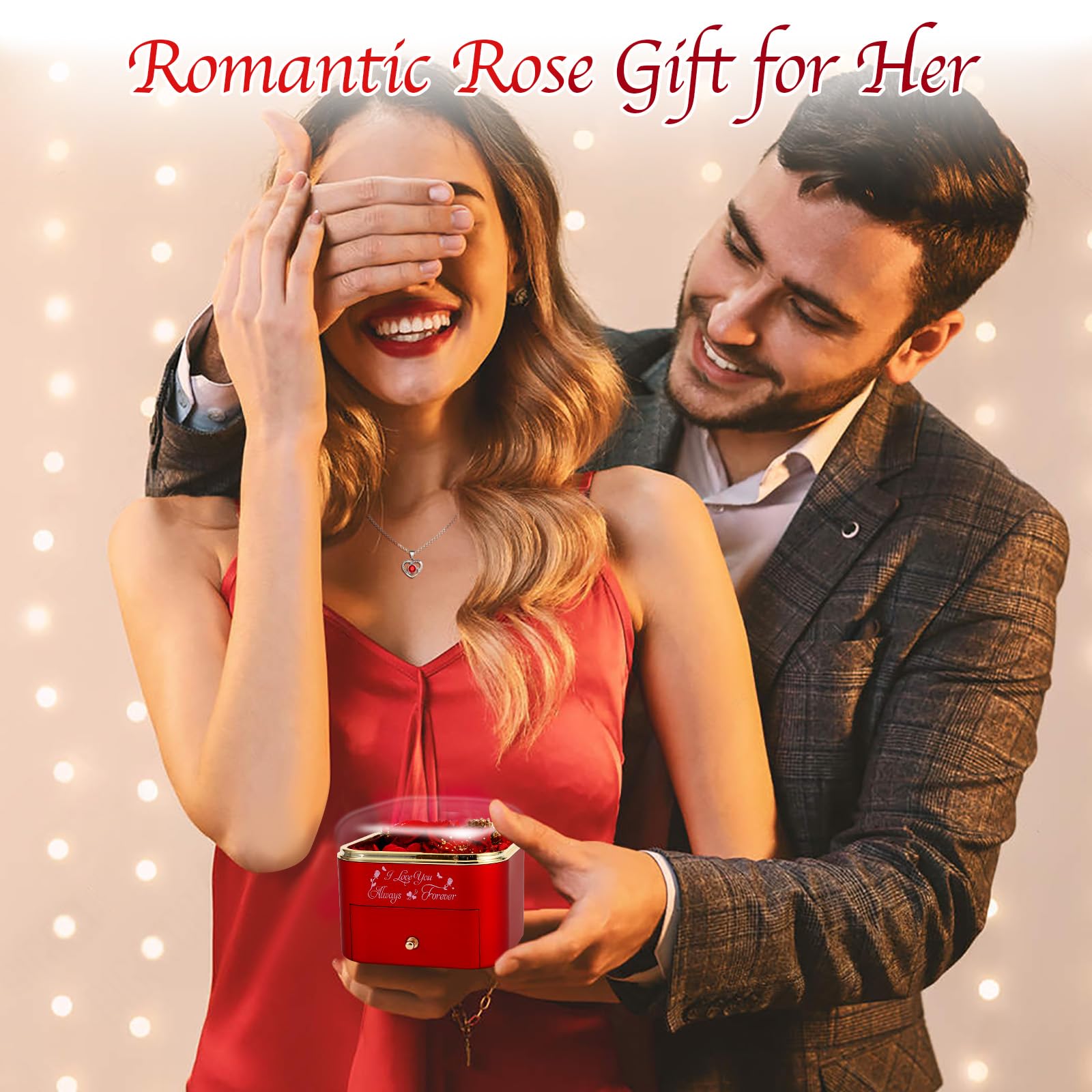 minstely Preserved Roses Jewelry Box with Heart Necklace - Eternal Rose & ‘I Love You Always & Forever’ Engraving - Luxury Gift for Mom, Wife, or Grandma on Mother’s Day
