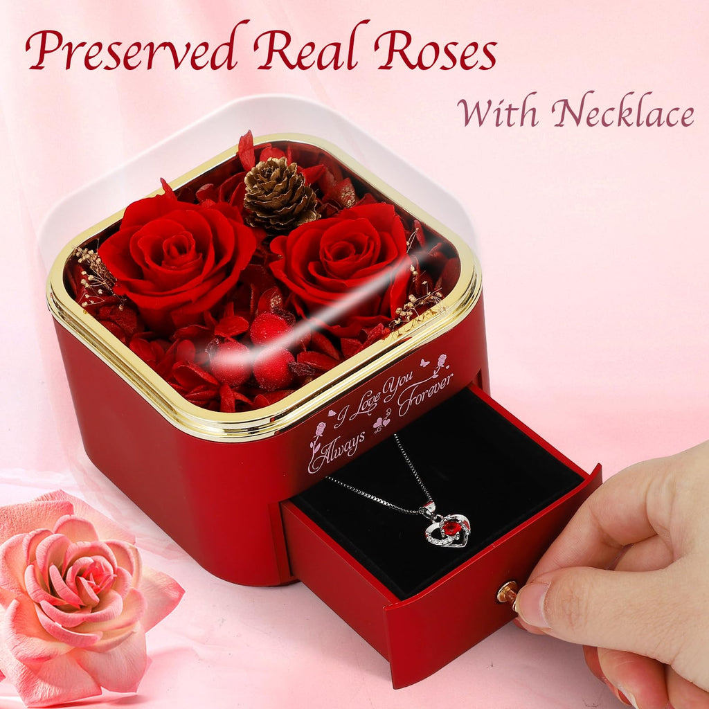 minstely Preserved Roses Jewelry Box with Heart Necklace - Eternal Rose & ‘I Love You Always & Forever’ Engraving - Luxury Gift for Mom, Wife, or Grandma on Mother’s Day