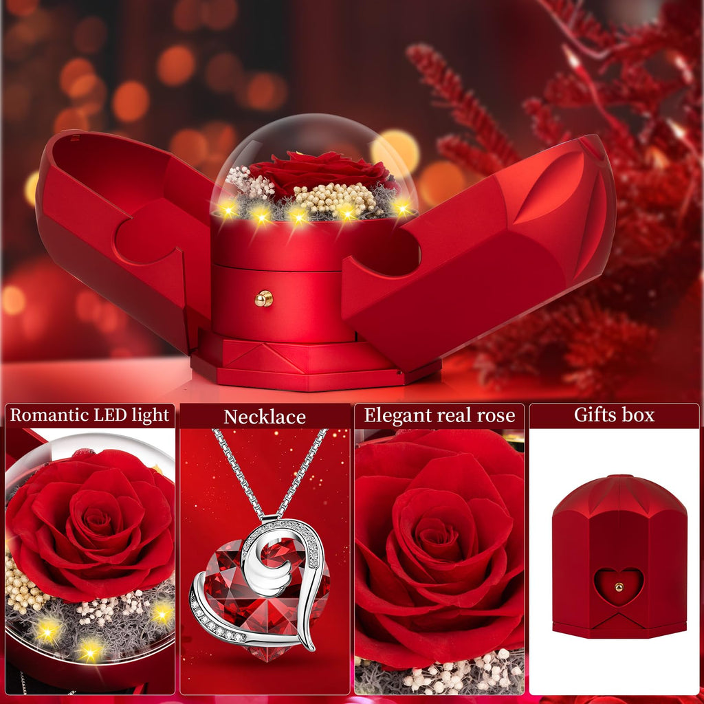 BNWXOY Preserved Real Red Rose with Necklace Forever Flowers Rose Birthday Gifts for Women Her Mom Wife Girlfriend Grandma on Valentines Mothers Day Sweetest Day Christmas Anniversary Romantic-Red