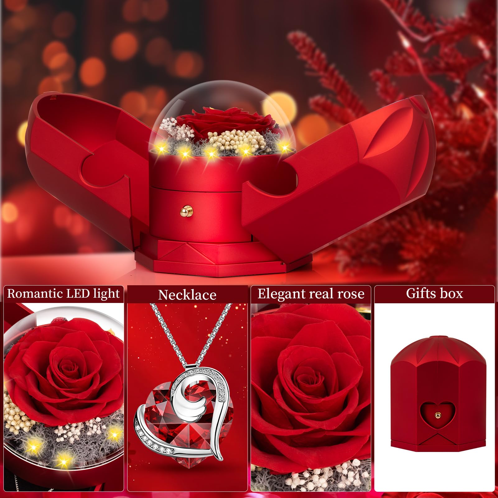 BNWXOY Preserved Real Red Rose with Necklace Forever Flowers Rose Birthday Gifts for Women Her Mom Wife Girlfriend Grandma on Valentines Mothers Day Sweetest Day Christmas Anniversary Romantic-Red