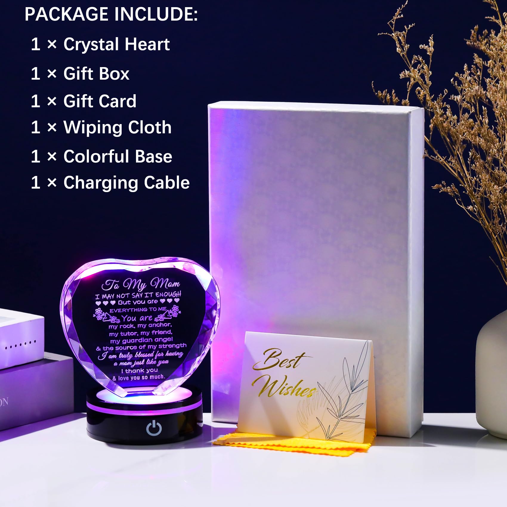 YWHL Gifts for Mom from Daughter Son Moms Mother's Day Birthday Gifts Crystal Unique to My Mom Heart Keepsakes Gift for Mother with Colorful LED Base