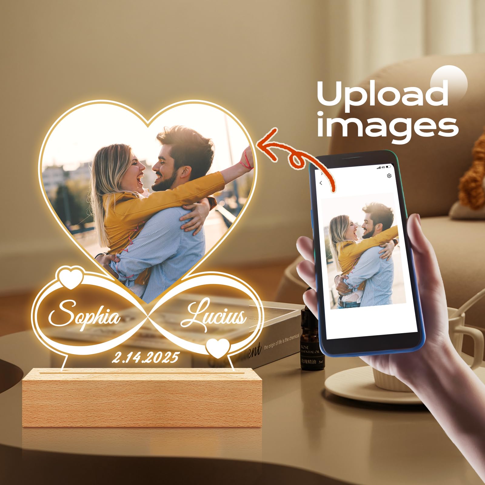 KoxSmar Custom Picture Frames with Photo, Personalized Photo Frame with Night Light, Customized Picture Frame, Christmas Anniversary Birthday Gifts for Women Men Her Him Girlfriend Boyfriend Couple