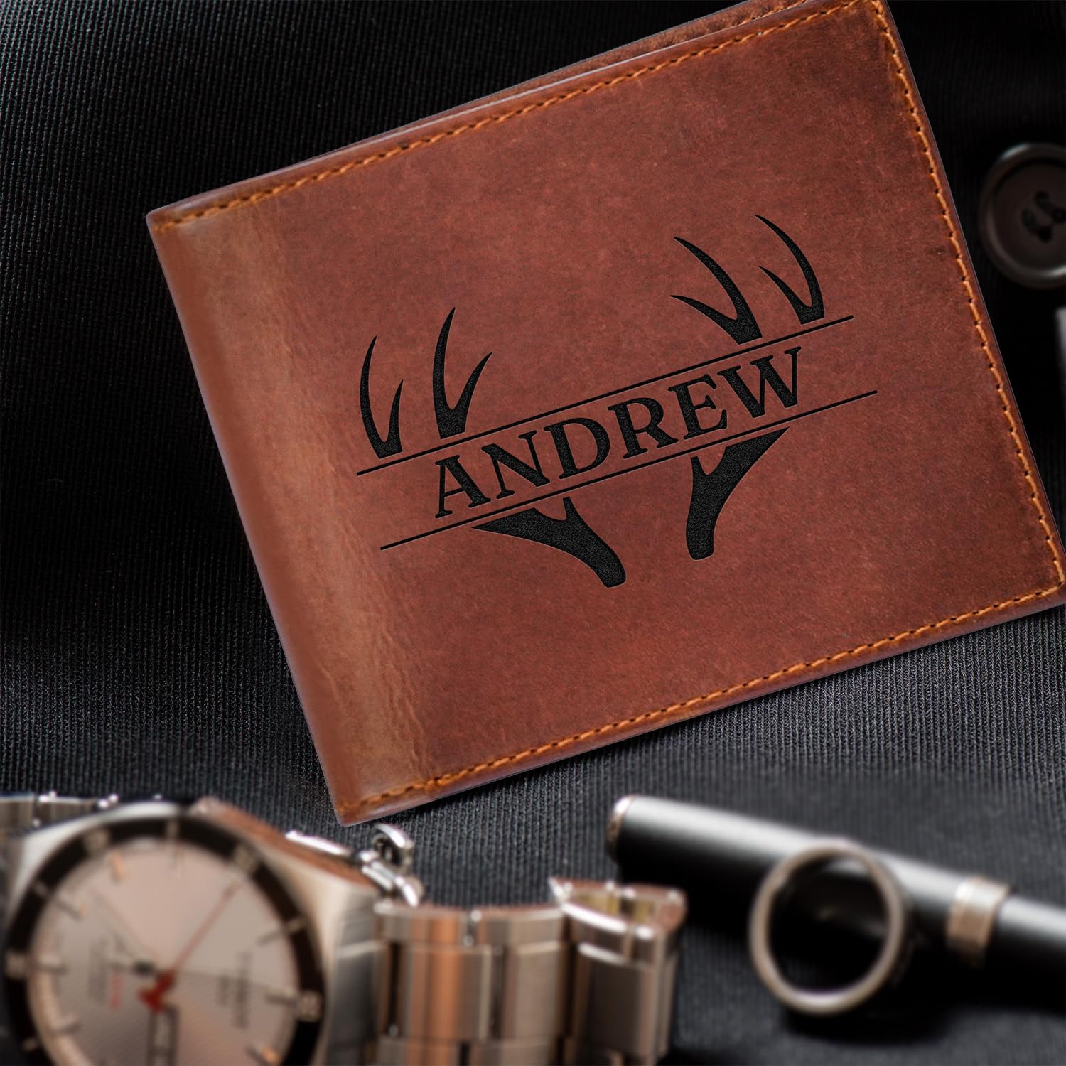 Personalized Leather Wallet for Men, Custom Monogram Gift Wallet for Mens, Birthday Present for Dad, Son, Grandfather, Boyfriend, Father's Day, Wedding Anniversary, Birthday, Graduation, Christmas