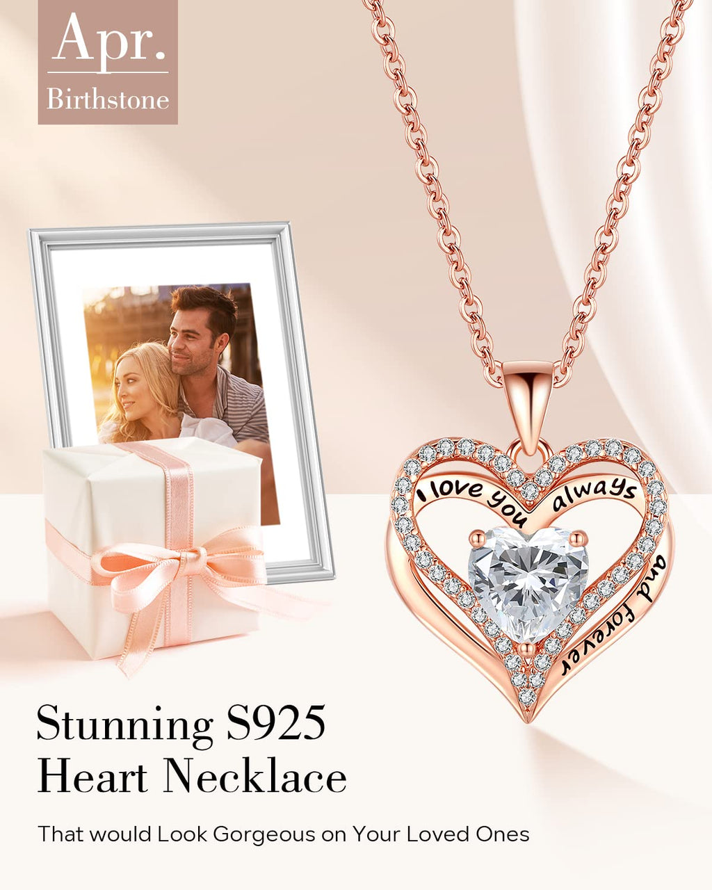 S925 Sterling Silver Necklace for Women, Jewelry for Wife Girlfriend Anniversary, Mother Gifts Necklaces, Daughter Heart Love Jewel, Gift for Her Birthday, Apr