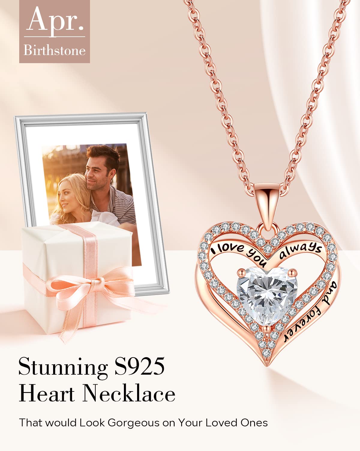 S925 Sterling Silver Necklace for Women, Jewelry for Wife Girlfriend Anniversary, Mother Gifts Necklaces, Daughter Heart Love Jewel, Gift for Her Birthday, Apr