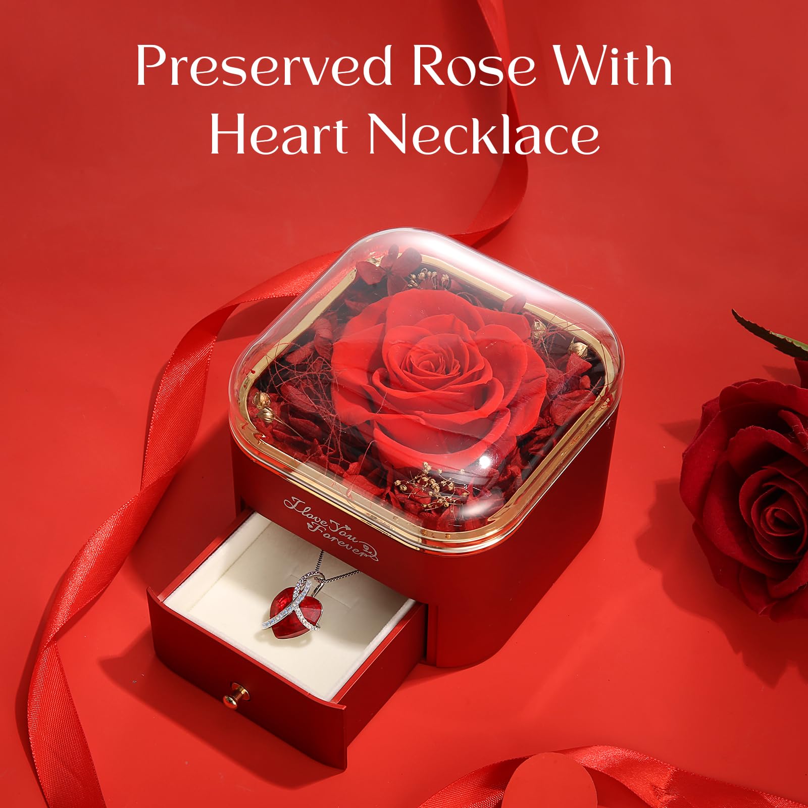 WILDLOVE Preserved Real Red Rose with Heart Necklace, Forever Flowers Gifts for Mom Grandma Wife Girlfriend at Christmas, Valentines, Mothers Day, Anniversary or Birthday Gifts for Women
