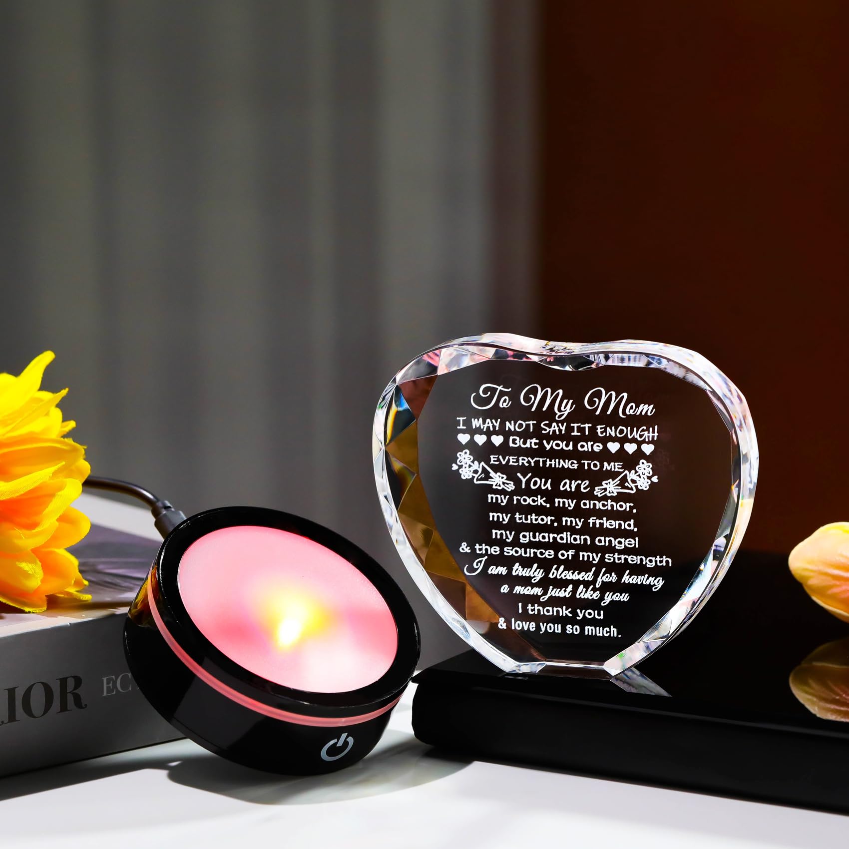 YWHL Gifts for Mom from Daughter Son Moms Mother's Day Birthday Gifts Crystal Unique to My Mom Heart Keepsakes Gift for Mother with Colorful LED Base