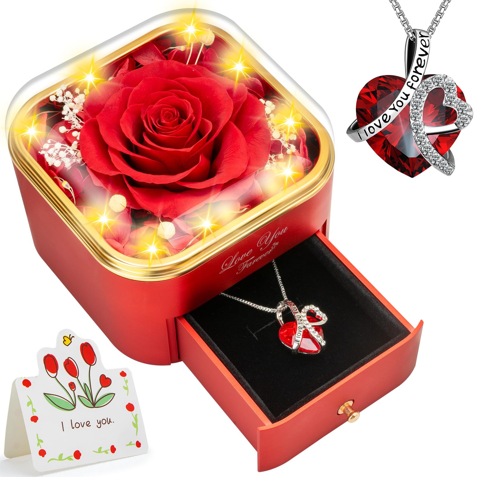 Lebana Preserved Red Real Rose with Heart Necklace -Eternal Flowers Rose Birthday Gifts for Women Wife Mom Girlfriend Grandma Gifts Idea on Christmas Valentines Mothers Day for Her-Red