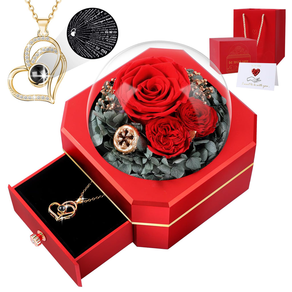 Firestyle Preserved Real Rose Gifts for Women Mom Wife,Eternal Flowers Rose with I Love You Necklace in 100 Languages,Gifts for her on Christmas Birthday Anniversary Valentine's Day Mother's Day