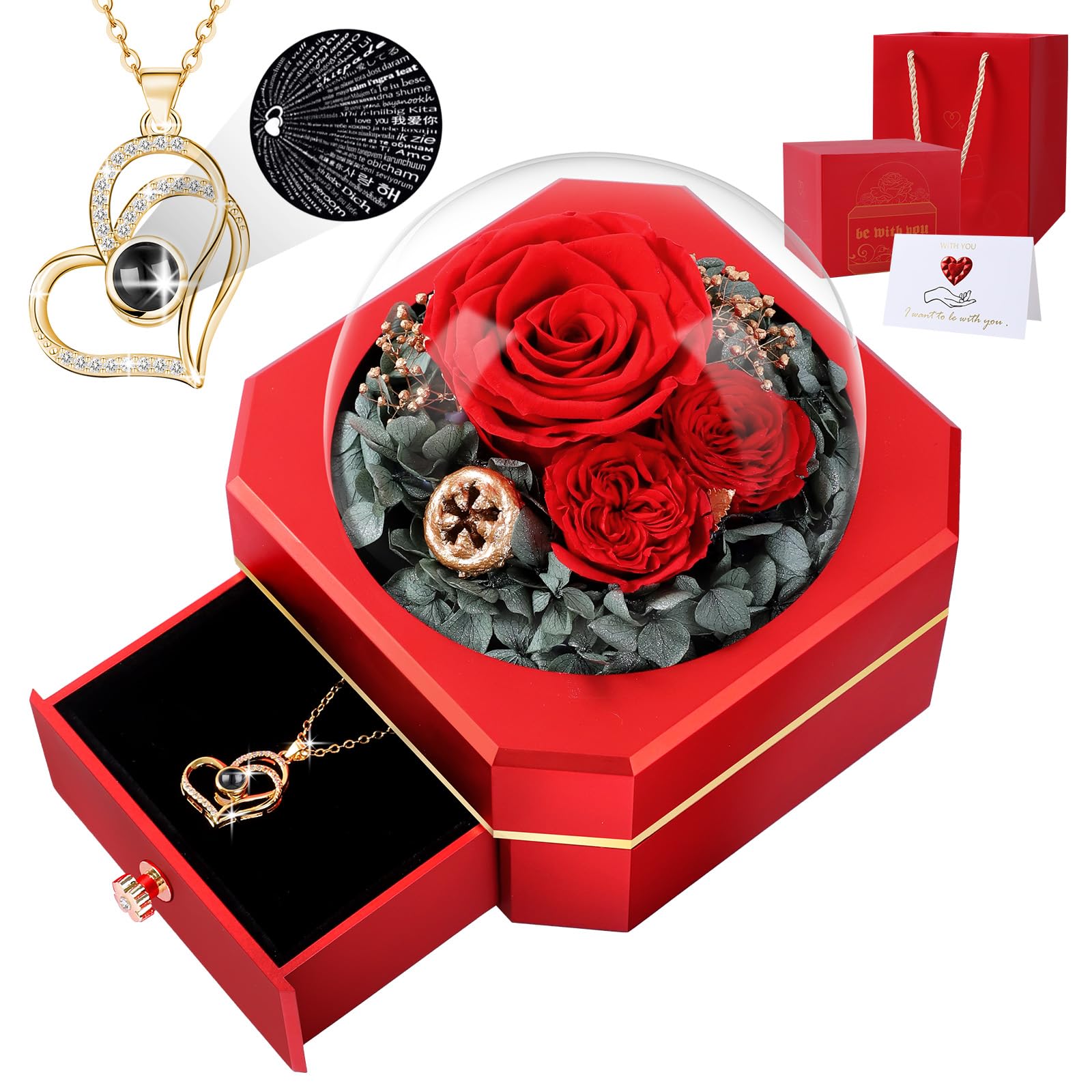 Firestyle Preserved Real Rose Gifts for Women Mom Wife,Eternal Flowers Rose with I Love You Necklace in 100 Languages,Gifts for her on Christmas Birthday Anniversary Valentine's Day Mother's Day