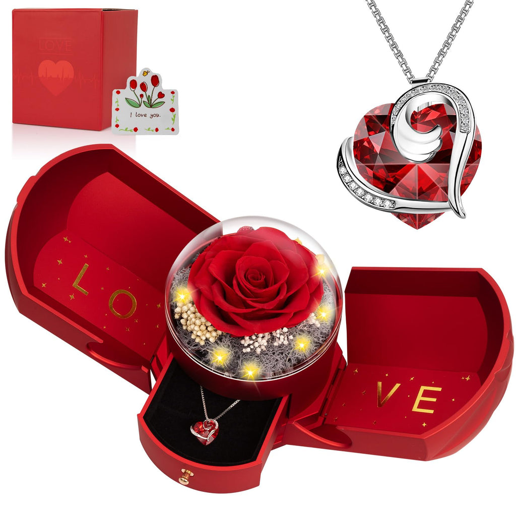 BNWXOY Preserved Real Red Rose with Necklace Forever Flowers Rose Birthday Gifts for Women Her Mom Wife Girlfriend Grandma on Valentines Mothers Day Sweetest Day Christmas Anniversary Romantic-Red