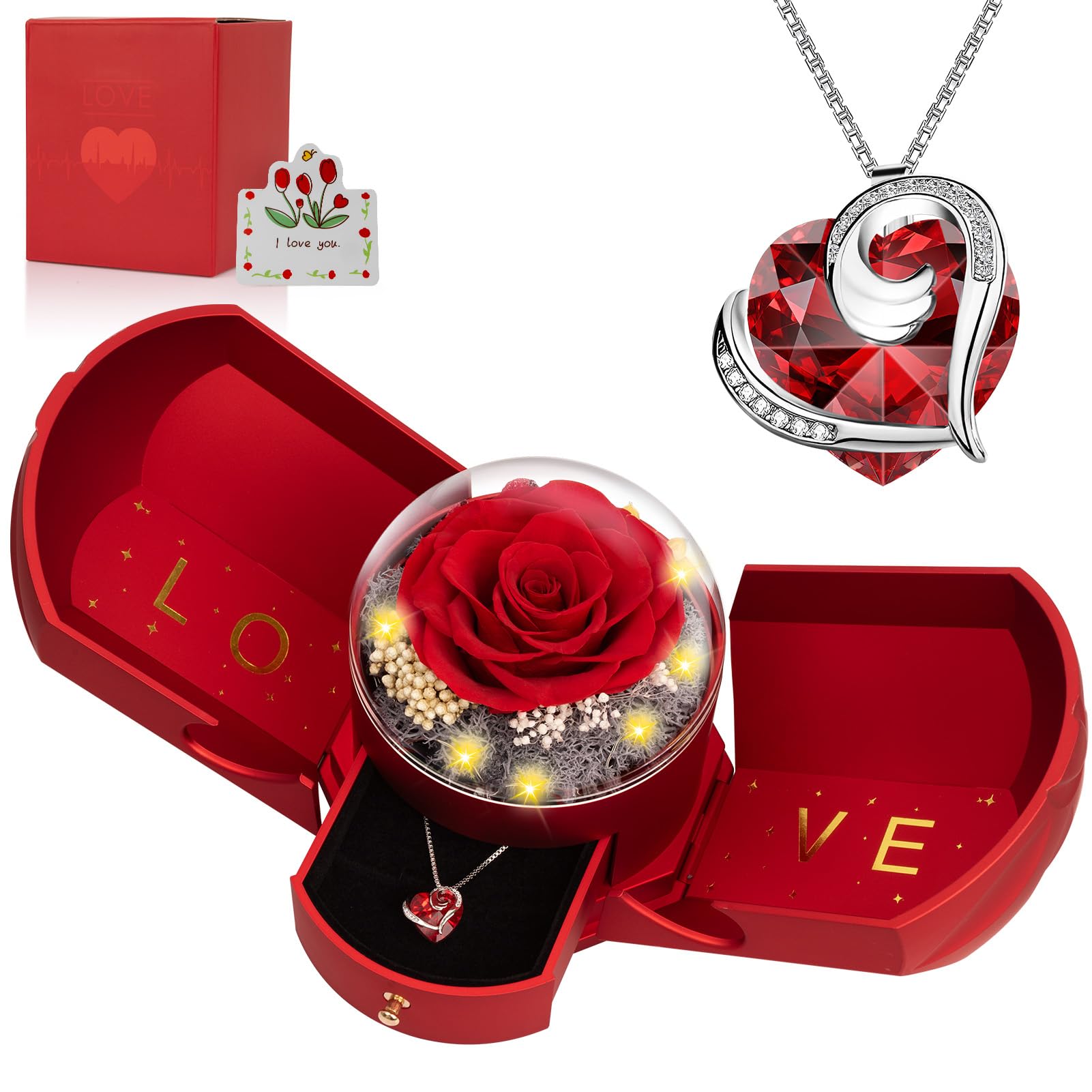 BNWXOY Preserved Real Red Rose with Necklace Forever Flowers Rose Birthday Gifts for Women Her Mom Wife Girlfriend Grandma on Valentines Mothers Day Sweetest Day Christmas Anniversary Romantic-Red