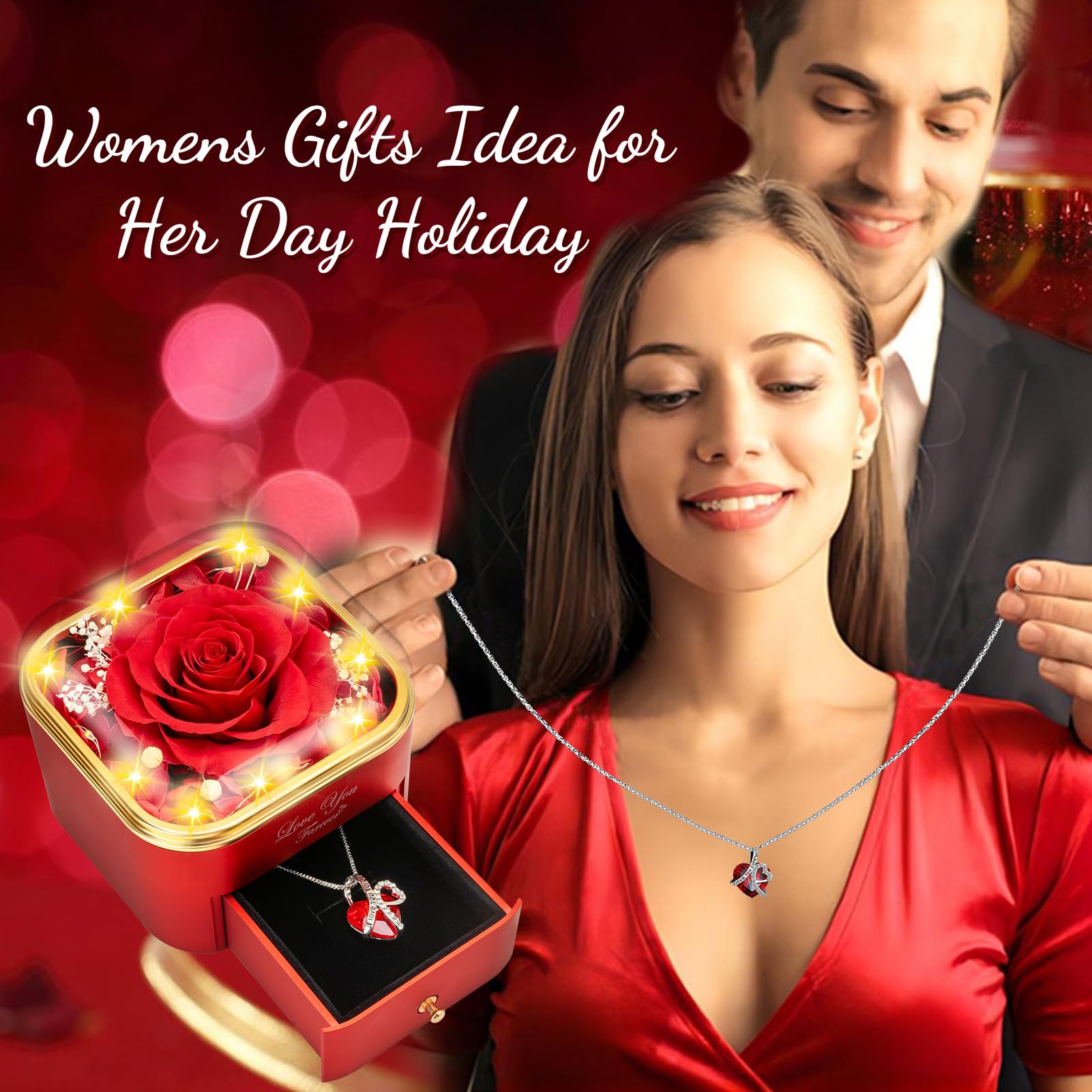 Lebana Preserved Red Real Rose with Heart Necklace -Eternal Flowers Rose Birthday Gifts for Women Wife Mom Girlfriend Grandma Gifts Idea on Christmas Valentines Mothers Day for Her-Red