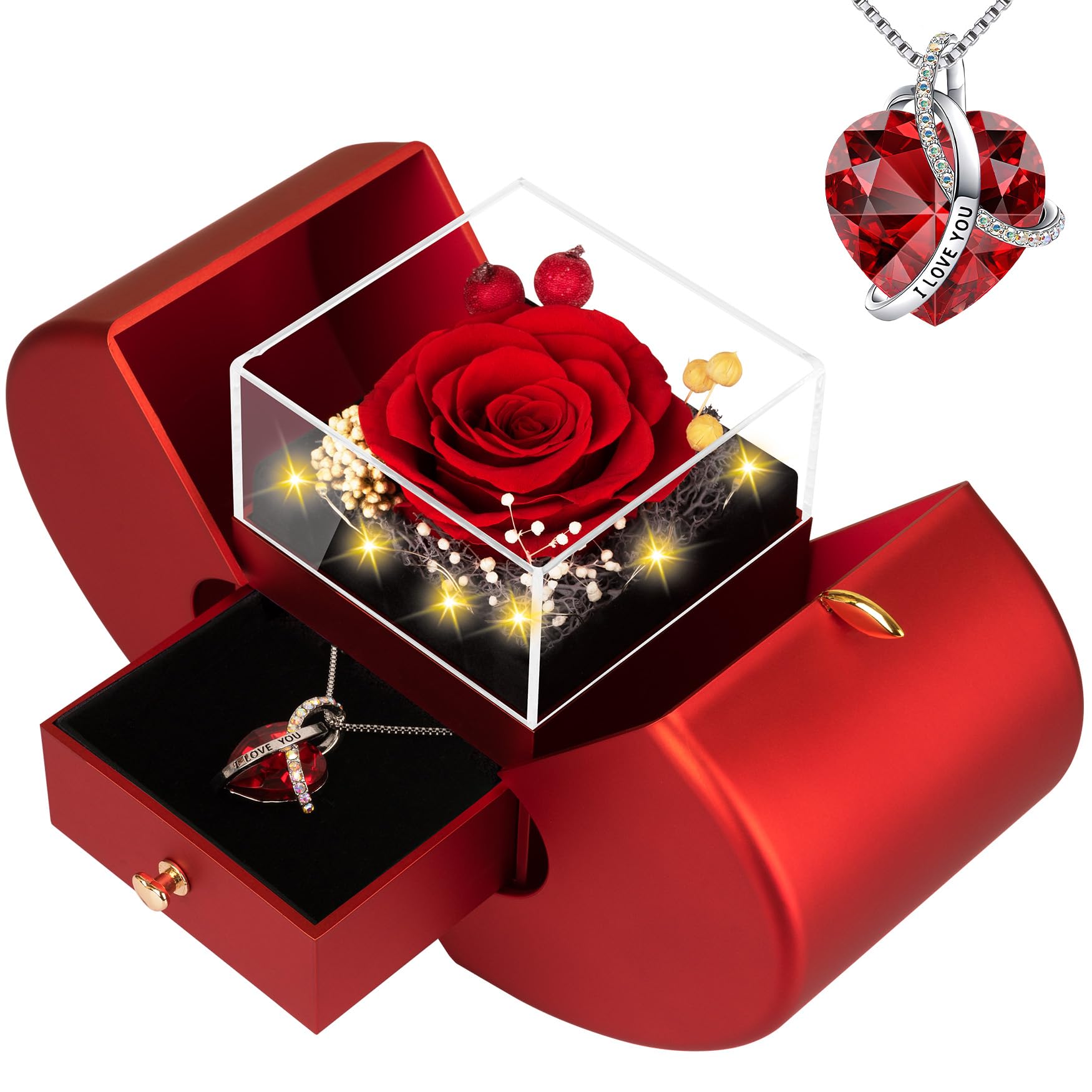 ﻿Preserved Real Red Rose Birthday Gifts for Women Her Mom Wife Girlfriend Grandma with l Love You Necklace Eternal Forever Rose Flower on Anniversary Valentine's Day Mothers Day Christmas Romantic-Red