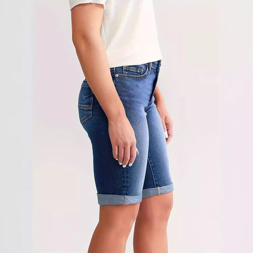 New Women's Slim Fit All-match Foot Button Denim Shorts