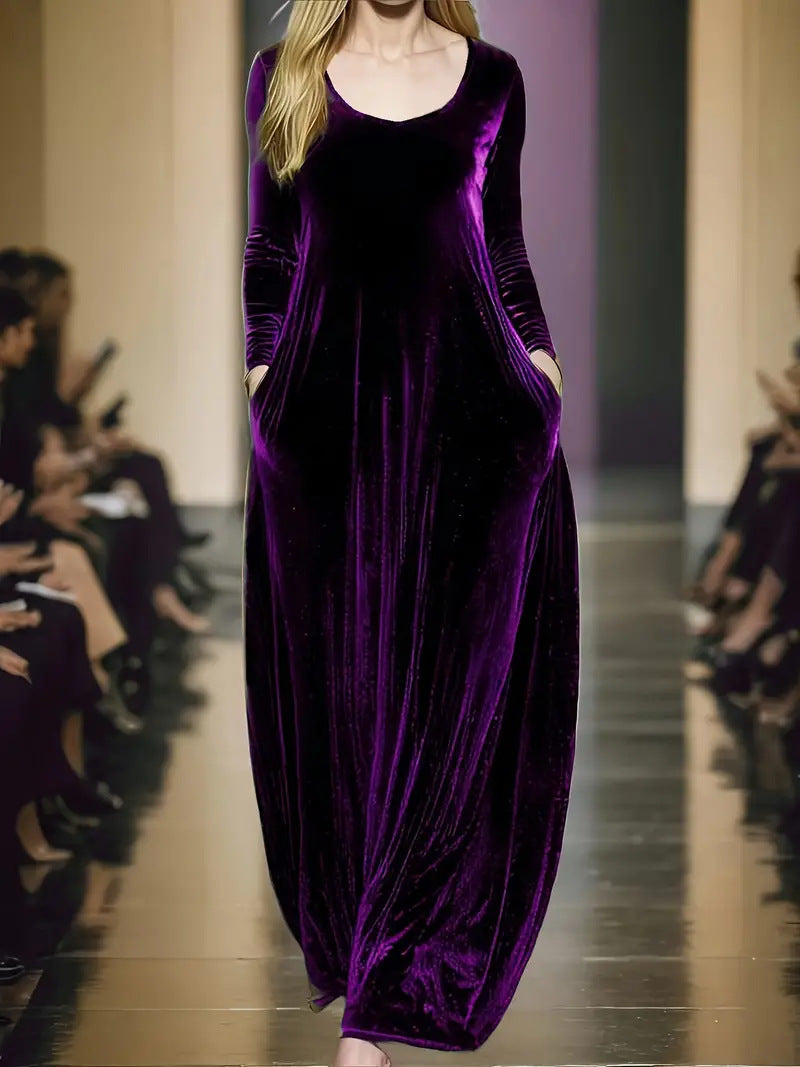 Autumn And Winter Gold Velvet Long Dress Round Neck