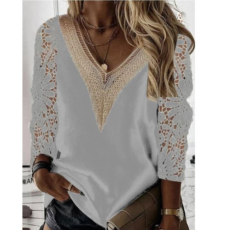 Commuter Nine-quarter Sleeve V-neck Stitching Hollow Lace Chiffon Shirt Pullover