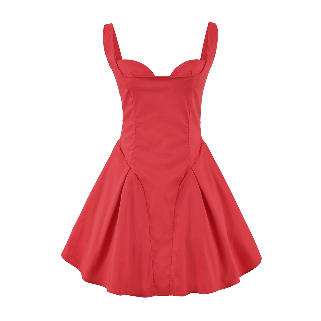Backless Short Suspender Dress French Square Collar A- Line Mini Skirt