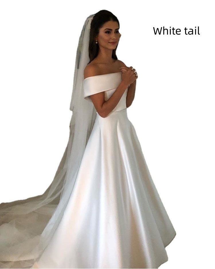 Simple A Line Wedding Dresses Satin Off The Shoulder Wedding Bridal Gowns Sweep Train Casual Dresses Zipper With Buttons Back