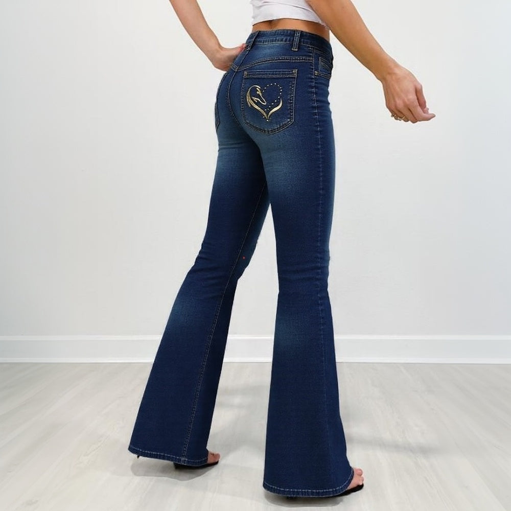 Gold Embroidered Horse Flare Jeans High-Waisted Dark Wash, Retro Western Cowgirl Chic, Festival Ready Must-Have Denim Pants